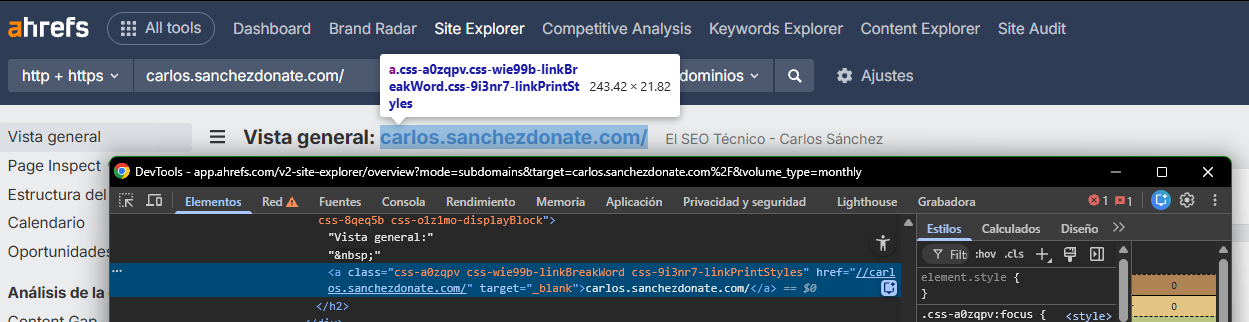captura de pantalla de la página ahrefs, donde se puede ver resaltado carlos.sanchezdonate.com/ y arriba indica que se trata de una etiqueta a
