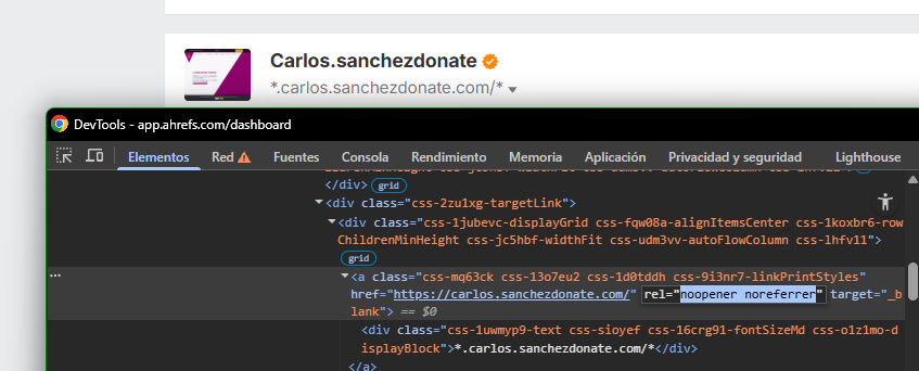 La imagen muestra un enlace con noopener noreferrer
