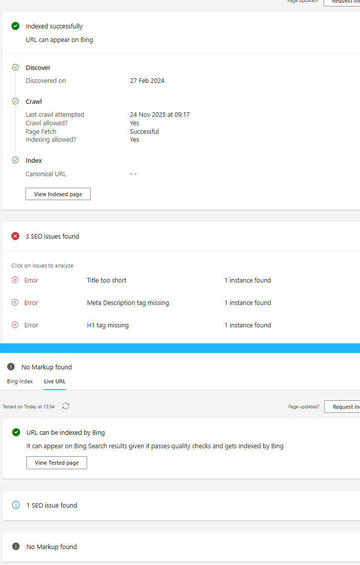 Arriba vemos la parte que no rendeeriza JS, lo que está en su sistema. Pero en el live test, si vemos como Bing renderiza JS
