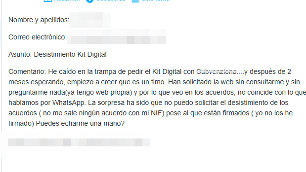 Víctima kit digital quejandose por correo