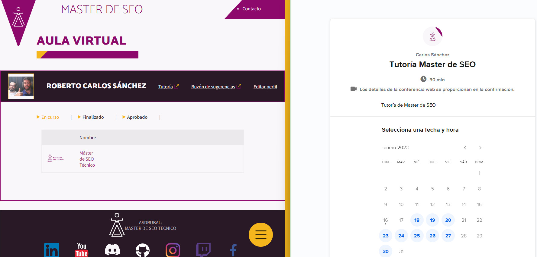 sistema de reserva de tutorías en el master de seo técnico